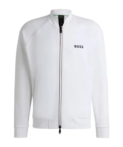 Hugo Boss Active Zip-up Sweatshirt In Stretch Gabardine In White