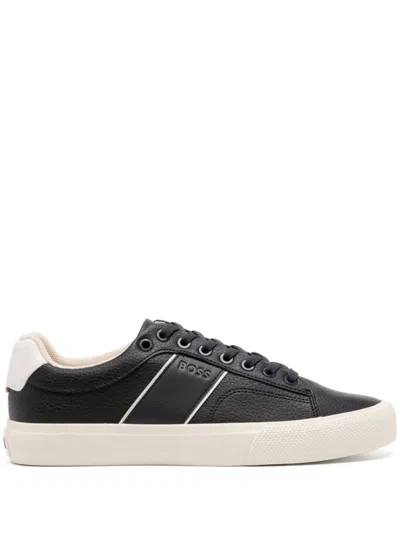 Hugo Boss Faux-leather Trainers With Plain And Grained Textures In Dark Blue