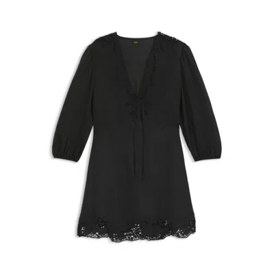 Hugo Boss Driketta Embroidered Balloon-sleeve Dress In Black