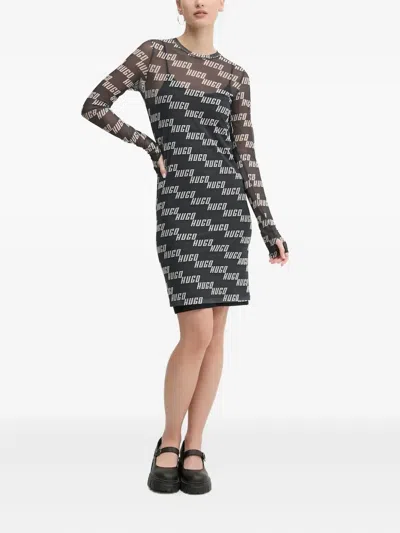 Hugo Boss All-over Logo Mesh Mini Dress In Black