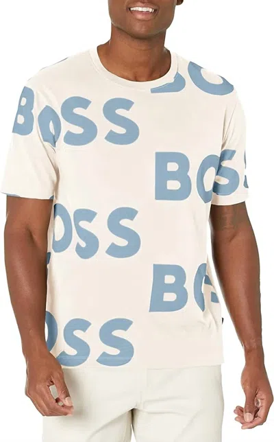 Hugo Boss All Over Logo Sort Sleeve Crew Neck Cotton T-shirt In Almond Beige In White