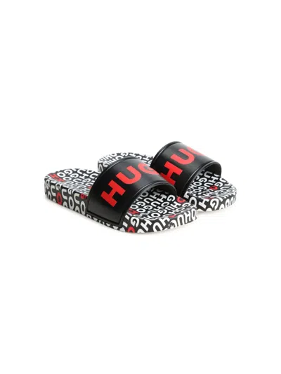 Hugo Boss Kids' Aqua Logo-print Slides In 黑色
