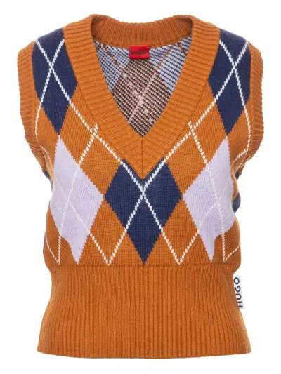 Hugo Boss Argyle-knit Vest In Orange