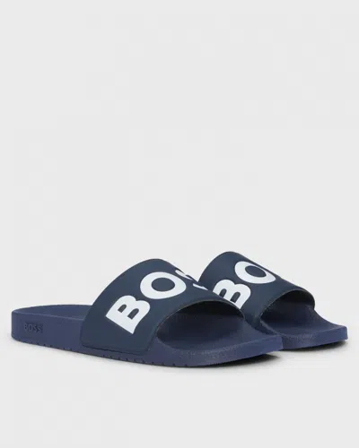 Hugo Boss Aryeh Mens Italian-made Slides With Large Logo Detail In Blue