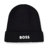 Hugo Boss Logo-detail Beanie Hat In Cotton And Wool In Black