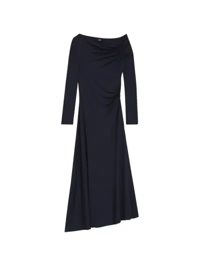 Hugo Boss Asymmetric-neck Ruched-detailing Midi Dress In Blue