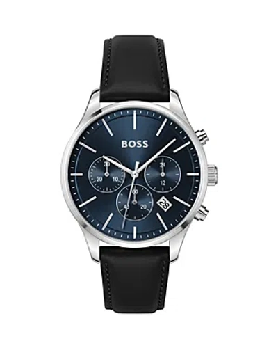 Hugo Boss Men's Chronograph Avery Black Leather Strap Watch 42mm In Blue Dial