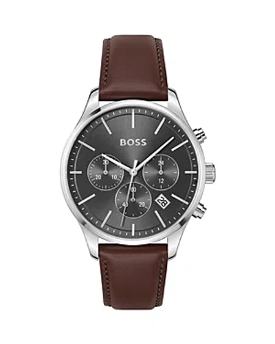 Hugo Boss Men's Chronograph Avery Brown Leather Strap Watch 42mm In Grey Dial
