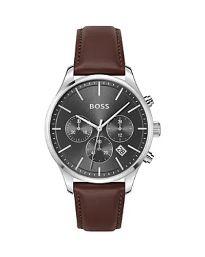 Hugo Boss Men's Chronograph Avery Brown Leather Strap Watch 42mm In Grey