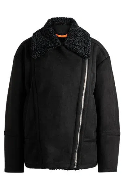Hugo Boss Aviator-style Jacket In Faux Suede With Faux Shearling In Black