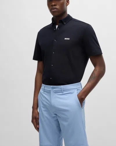 Hugo Boss B Motion Mens Regular-fit Shirt In Knitted Wrinkle-resistant Cotton In Blue