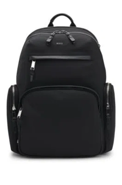 Hugo Boss Backpack With Leather Trims And Two-way Zip In Black
