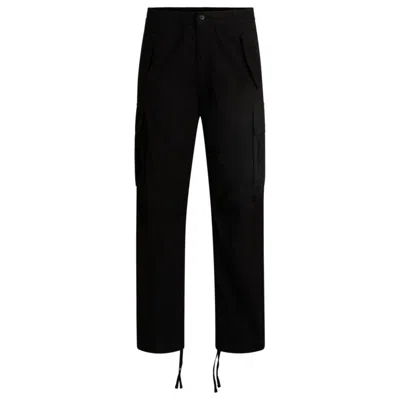 Hugo Boss Baggy-fit Cargo Trousers In Ripstop Cotton In Black