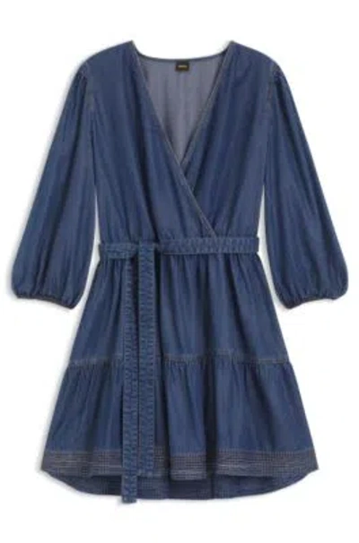 Hugo Boss Balloon-sleeve Dress With Wrap Front In Blue