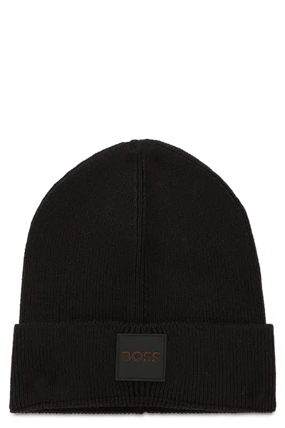 Hugo Boss Beanie Hat In Mixed Wool With Logo Patch In Gold