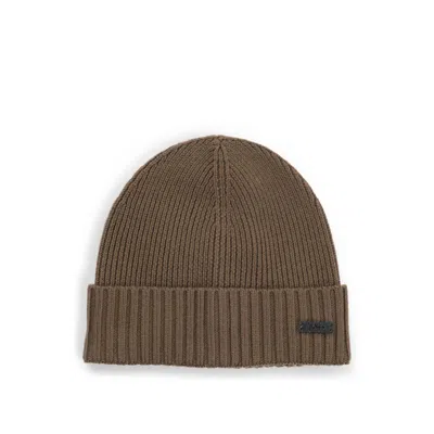 Hugo Boss Beanie Hat In Virgin Wool With Logo Plaque