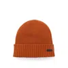 Hugo Boss Beanie Hat In Virgin Wool With Logo Plaque In Orange