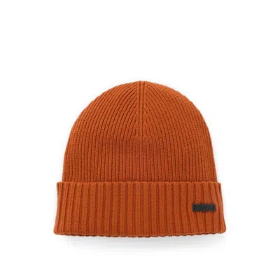 Hugo Boss Beanie Hat In Virgin Wool With Logo Plaque In Orange