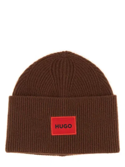 Hugo Boss Beanie Hat With Logo In Brown