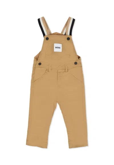 Hugo Boss Beige Dungarees For Baby Boy With Patch In Brown