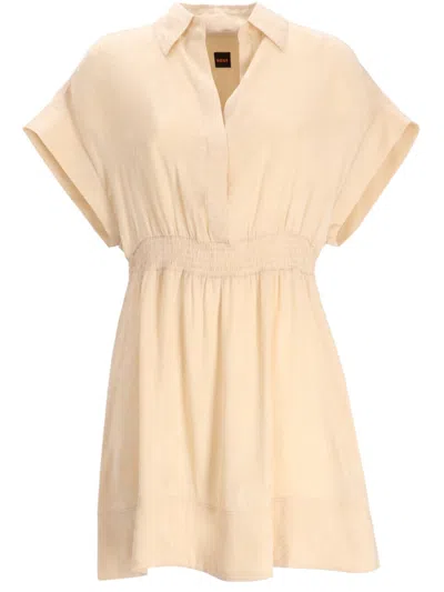 Hugo Boss Beige Elasticated Mini Dress In Neutral