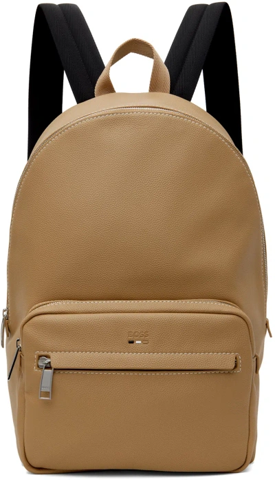 Hugo Boss Beige Faux-leather Logo & Signature Stripe Backpack In Brown