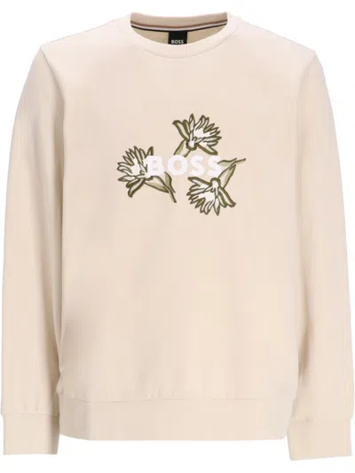 Hugo Boss Beige Floral-embroidered Sweatshirt In Neutral