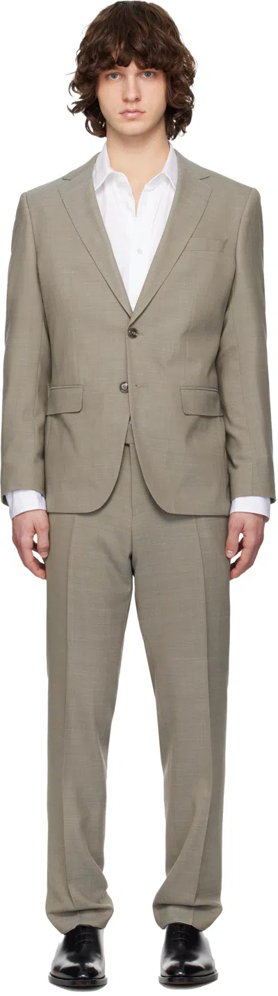 Hugo Boss Beige Micro-patterned Slim-fit Suit In Green