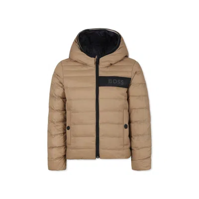 Hugo Boss Kids' Beige Reversible Down Jacket For Boy With Logo In Marrone