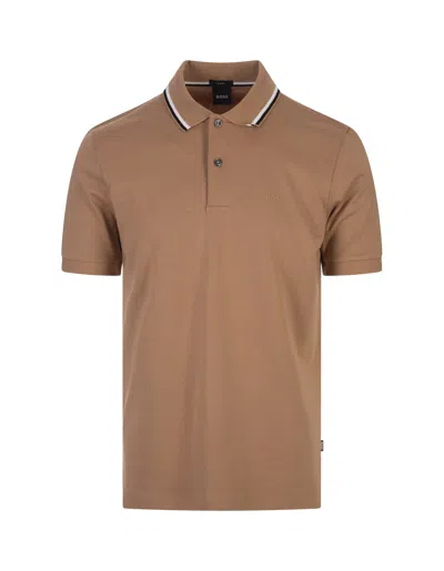 Hugo Boss Beige Slim Fit Polo Shirt With Striped Collar In Brown