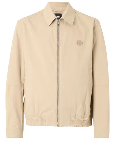 Hugo Boss Beige Stretch Cotton Jacket With Classic Collar In Gray