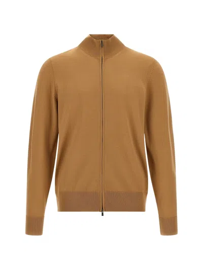 Hugo Boss High-neck Zip-up Cardigan In Brown
