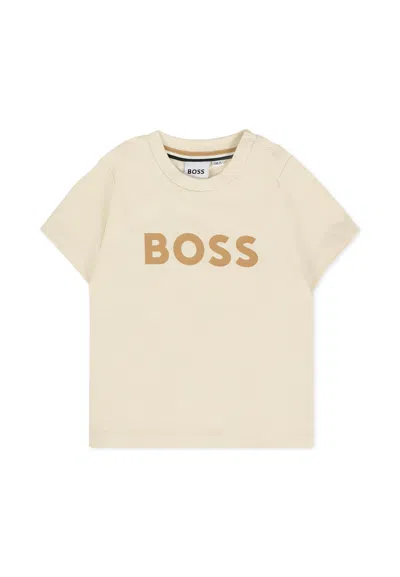 Hugo Boss Kids' Beige T-shirt For Baby Boy With Logo In Neutral