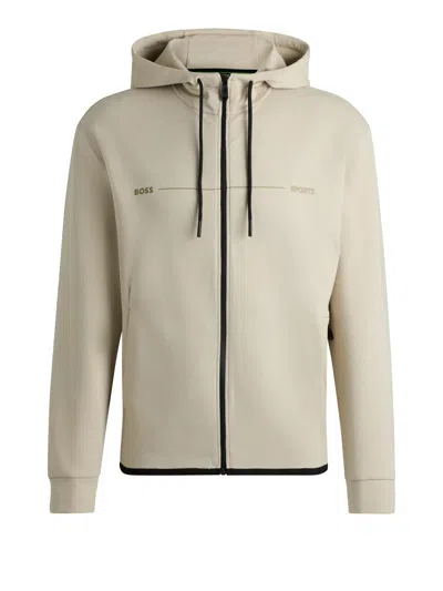 Hugo Boss Drawstring Zip-up Hoodie In Neutral