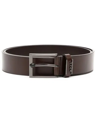 Hugo Boss Logo-plaque Leather Belt In Brown