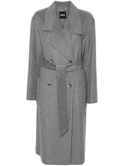 Hugo Boss Belted Coat In Gray