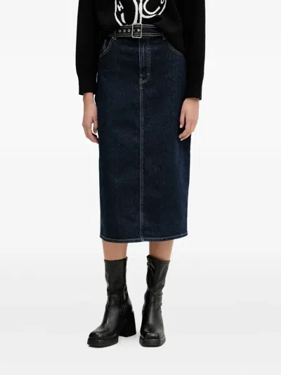Hugo Boss Belted Denim Midi Skirt In Blue