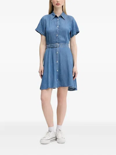 Hugo Boss Belted Denim Shirt Mini Dress In Blue
