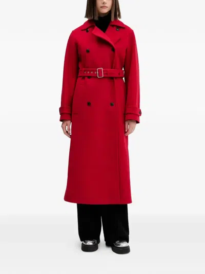 Hugo Boss Belted Double-breasted Coat In Red