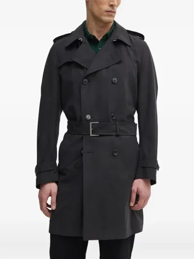 Hugo Boss Belted Double-breasted Trench Coat In Black