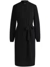 Hugo Boss Belted Shirt Dress In Crepe Georgette With Stand Collar In Black