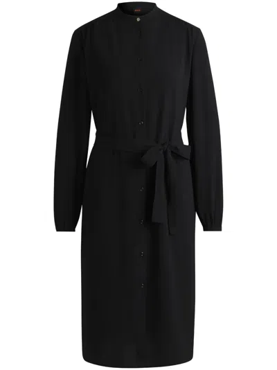 Hugo Boss Belted Shirt Dress In Crepe Georgette With Stand Collar In Black