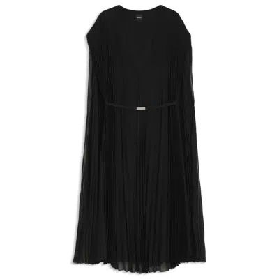 Hugo Boss Belted Dress In Crinkle Chiffon With Overlay In Black