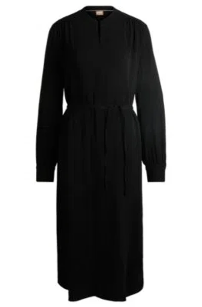 HUGO BOSS BELTED DRESS WITH COLLARLESS V NECKLINE AND BUTTON CUFFS