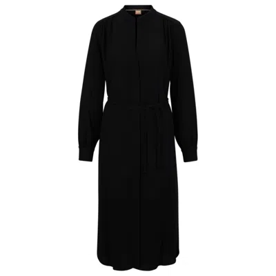 HUGO BOSS BELTED DRESS WITH COLLARLESS V NECKLINE AND BUTTON CUFFS