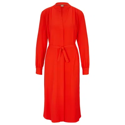 Hugo Boss Belted Dress With Collarless V Neckline And Button Cuffs In Orange