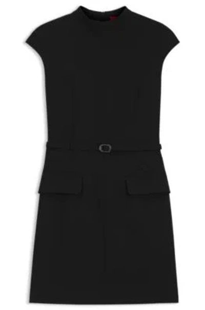 Hugo Boss Belted Dress With Subtle Shoulder Padding In Black