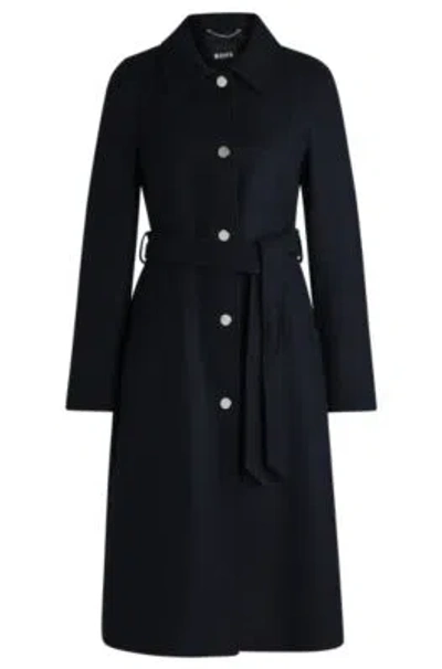Hugo Boss Belted Formal Coat In Twill With Metallic Buttons In Dark Blue
