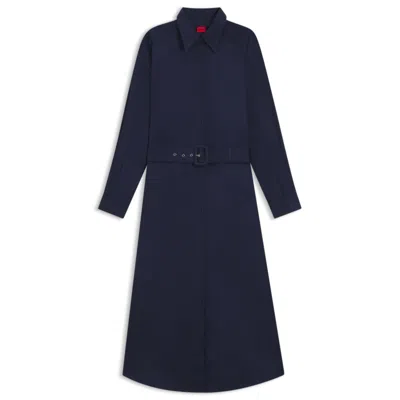 Hugo Boss Belted Maxi Dress In Cotton Satin In Blue