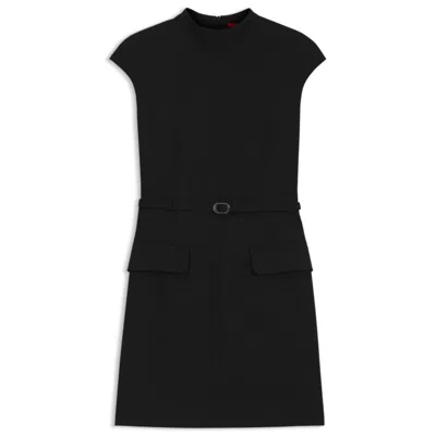 Hugo Boss Belted Mock-neck Dress With Subtle Shoulder Padding In Black